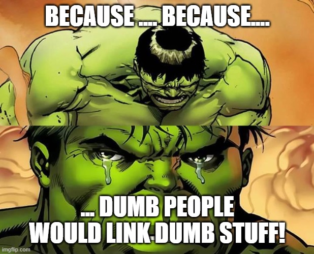 Crying Hulk | BECAUSE .... BECAUSE.... ... DUMB PEOPLE WOULD LINK DUMB STUFF! | image tagged in crying hulk | made w/ Imgflip meme maker