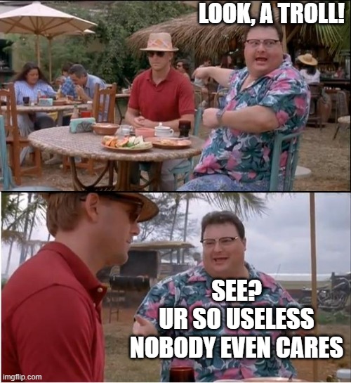 See Nobody Cares Meme | LOOK, A TROLL! SEE?
UR SO USELESS
NOBODY EVEN CARES | image tagged in memes,see nobody cares | made w/ Imgflip meme maker