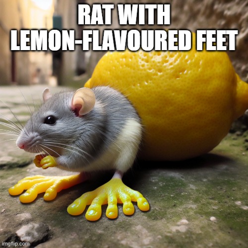 what in tarnation | RAT WITH LEMON-FLAVOURED FEET | image tagged in ai meme,rats,lemons | made w/ Imgflip meme maker