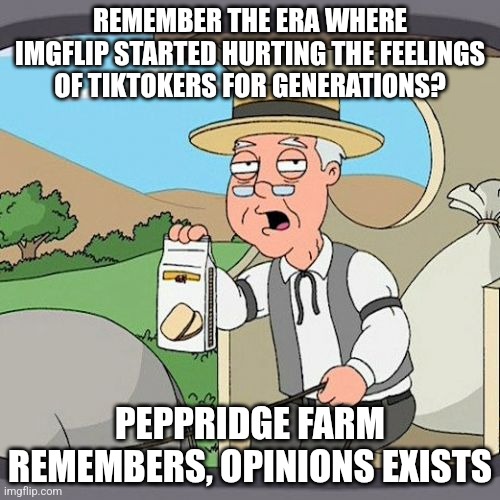 Pepperidge Farm Remembers | REMEMBER THE ERA WHERE IMGFLIP STARTED HURTING THE FEELINGS OF TIKTOKERS FOR GENERATIONS? PEPPRIDGE FARM REMEMBERS, OPINIONS EXISTS | image tagged in memes,pepperidge farm remembers | made w/ Imgflip meme maker
