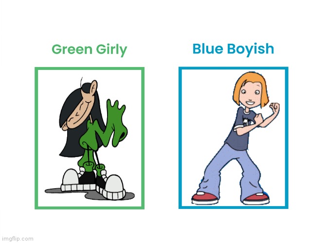 Kuki Sanban (Green Girly) and Lor McQuarrie (Blue Boyish) | image tagged in green girly vs blue boyish,the weekenders,codename kids next door,lor mcquarrie,kuki sanban,numbuh 3 | made w/ Imgflip meme maker