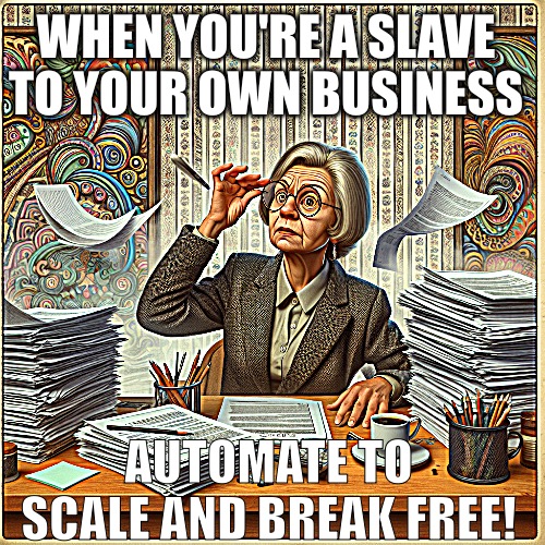 Funny business founder | WHEN YOU'RE A SLAVE TO YOUR OWN BUSINESS; AUTOMATE TO SCALE AND BREAK FREE! | image tagged in funny business founder | made w/ Imgflip meme maker