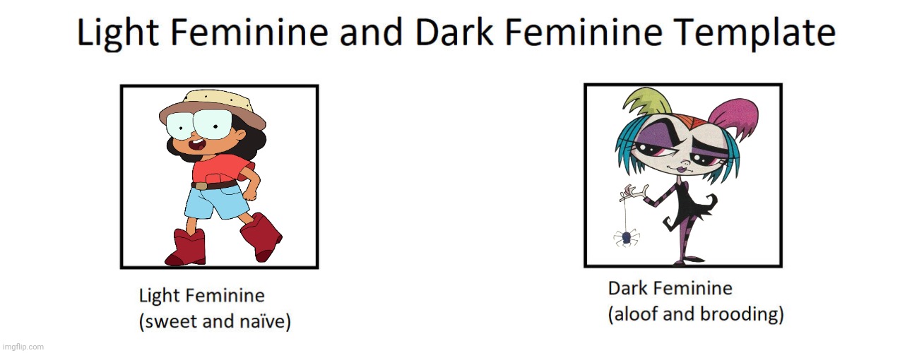 Pliny (Light Feminine) and Creepie (Dark Feminine) | image tagged in light feminine and dark feminine template,growing up creepie,stugo,pliny,creepie creecher,duo | made w/ Imgflip meme maker