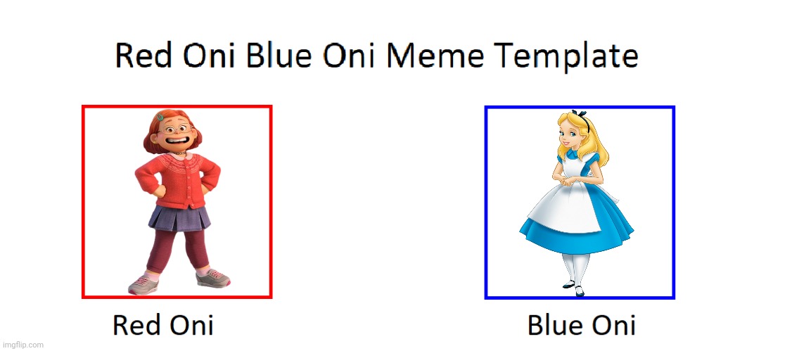 Mei Lee (Red Oni) and Alice (Blue Oni) | image tagged in red oni blue oni meme template,alice in wonderland,turning red,mei lee,meilin lee,disney girls | made w/ Imgflip meme maker