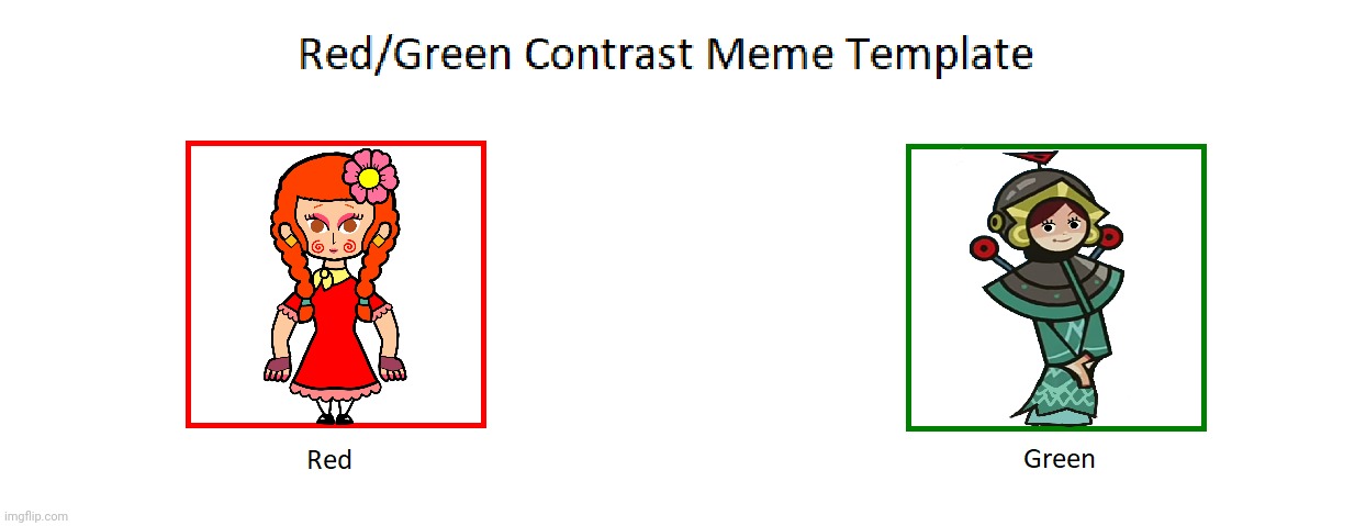 Poppy Tang (Red) Lady Green (Green) Contrast Meme Template | image tagged in red green contrast meme template,hero 108,poppy,lady green,cartoon network,kabillion | made w/ Imgflip meme maker