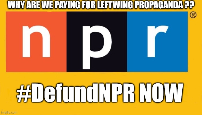 Defund NPR | WHY ARE WE PAYING FOR LEFTWING PROPAGANDA ?? #DefundNPR NOW | image tagged in npr logo | made w/ Imgflip meme maker