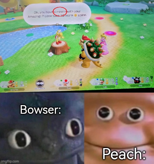 You need a glasses, Red Koopa Troopa. | Bowser:; Peach: | image tagged in awkward realization two faces,super mario party jamboree,bowser,princess peach | made w/ Imgflip meme maker