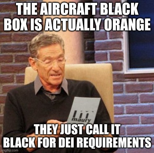 black is the new orange | THE AIRCRAFT BLACK BOX IS ACTUALLY ORANGE; THEY JUST CALL IT BLACK FOR DEI REQUIREMENTS | image tagged in memes,maury lie detector | made w/ Imgflip meme maker