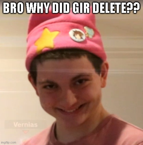 vernias face | BRO WHY DID GIR DELETE?? | image tagged in vernias face | made w/ Imgflip meme maker