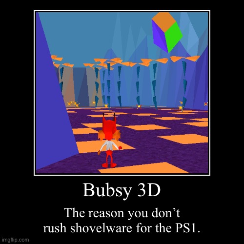 Bubsy 3D | The reason you don’t rush shovelware for the PS1. | image tagged in funny,demotivationals,bubsy,bubsy 3d,bad,funny memes | made w/ Imgflip demotivational maker