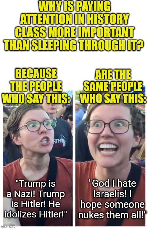 Liberals know as much about history as they do about climate, reproduction, or biology.   Absolutely nothing! | WHY IS PAYING ATTENTION IN HISTORY CLASS MORE IMPORTANT THAN SLEEPING THROUGH IT? BECAUSE THE PEOPLE WHO SAY THIS:; ARE THE SAME PEOPLE WHO SAY THIS:; "God I hate Israelis! I hope someone nukes them all!"; "Trump is a Nazi! Trump is Hitler! He idolizes Hitler!" | image tagged in social justice warrior hypocrisy,liberal logic,stupid liberals,history,ironic,useless | made w/ Imgflip meme maker