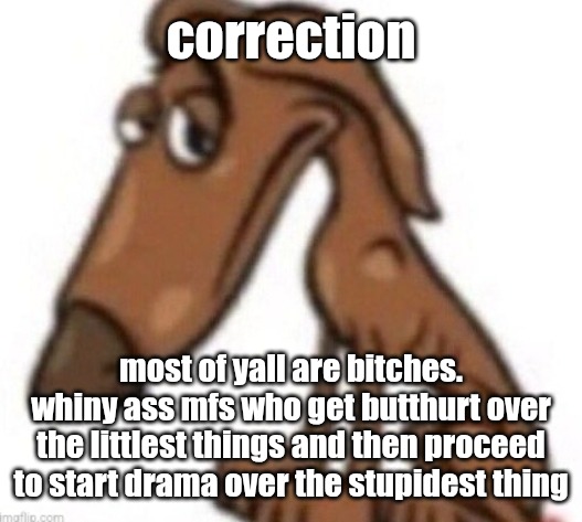 sad dog | correction; most of yall are bitches. whiny ass mfs who get butthurt over the littlest things and then proceed to start drama over the stupidest thing | image tagged in sad dog | made w/ Imgflip meme maker