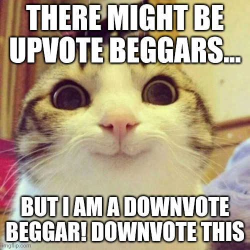 Smiling Cat | THERE MIGHT BE UPVOTE BEGGARS... BUT I AM A DOWNVOTE BEGGAR! DOWNVOTE THIS | image tagged in memes,smiling cat | made w/ Imgflip meme maker