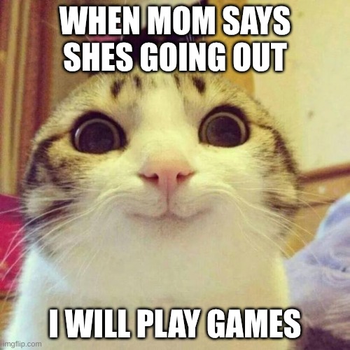 Smiling Cat Meme | WHEN MOM SAYS SHES GOING OUT; I WILL PLAY GAMES | image tagged in memes,smiling cat | made w/ Imgflip meme maker