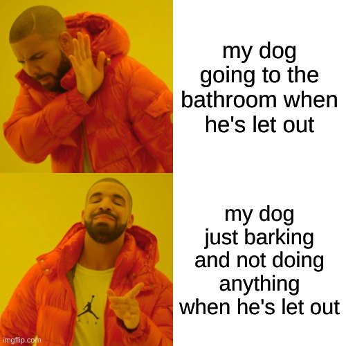 Drake Hotline Bling | my dog going to the bathroom when he's let out; my dog just barking and not doing anything when he's let out | image tagged in memes,drake hotline bling | made w/ Imgflip meme maker