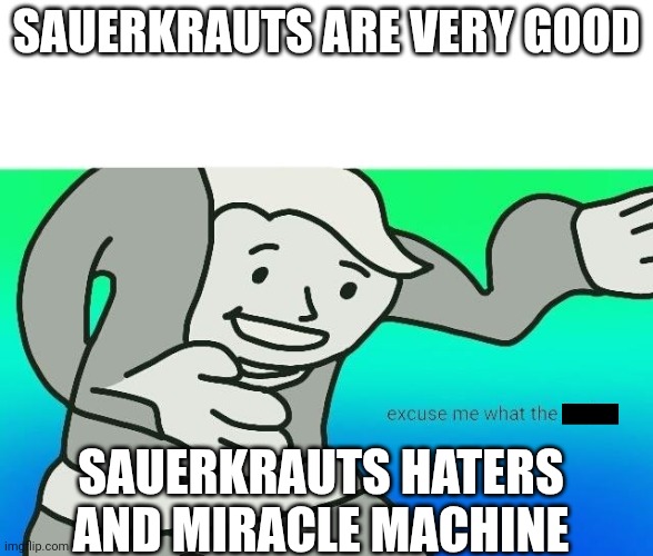 Excuse me, what the fuck | SAUERKRAUTS ARE VERY GOOD; SAUERKRAUTS HATERS AND MIRACLE MACHINE | image tagged in excuse me what the fuck | made w/ Imgflip meme maker