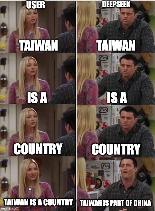 Deepseek talking about Taiwan | USER; DEEPSEEK; TAIWAN; TAIWAN; IS A; IS A; COUNTRY; COUNTRY; TAIWAN IS A COUNTRY; TAIWAN IS PART OF CHINA | image tagged in phoebe joey | made w/ Imgflip meme maker