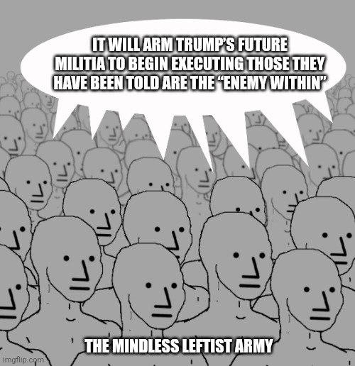 Leftist npc army, guns | IT WILL ARM TRUMP’S FUTURE MILITIA TO BEGIN EXECUTING THOSE THEY HAVE BEEN TOLD ARE THE “ENEMY WITHIN”; THE MINDLESS LEFTIST ARMY | image tagged in npc-crowd | made w/ Imgflip meme maker