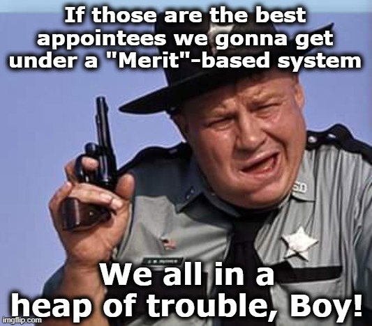 "Merit-based" Government appointees | If those are the best appointees we gonna get under a "Merit"-based system We all in a heap of trouble, Boy! | image tagged in redneck sheriff clifton james 007 movie,elon musk,potus,maga,government corruption,donald trump approves | made w/ Imgflip meme maker