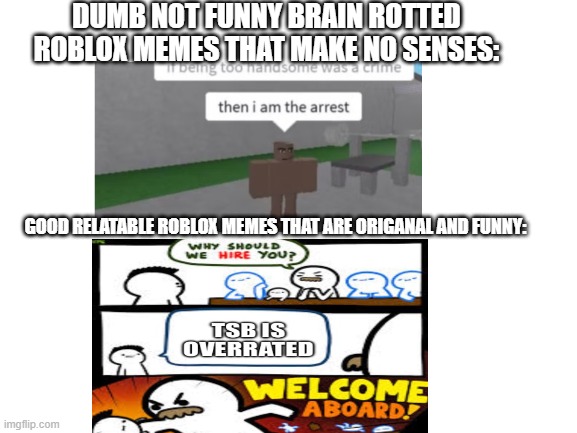 I hate thoes type of memes! | DUMB NOT FUNNY BRAIN ROTTED ROBLOX MEMES THAT MAKE NO SENSES:; GOOD RELATABLE ROBLOX MEMES THAT ARE ORIGANAL AND FUNNY: | image tagged in blank white template | made w/ Imgflip meme maker