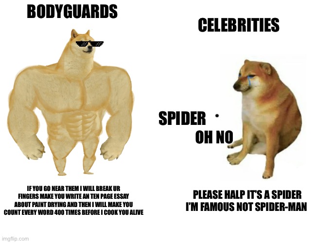 Buff Doge vs. Cheems | BODYGUARDS; CELEBRITIES; SPIDER; OH NO; IF YOU GO NEAR THEM I WILL BREAK UR FINGERS MAKE YOU WRITE AN TEN PAGE ESSAY ABOUT PAINT DRYING AND THEN I WILL MAKE YOU COUNT EVERY WORD 400 TIMES BEFORE I COOK YOU ALIVE; PLEASE HALP IT’S A SPIDER I’M FAMOUS NOT SPIDER-MAN | image tagged in memes,buff doge vs cheems | made w/ Imgflip meme maker