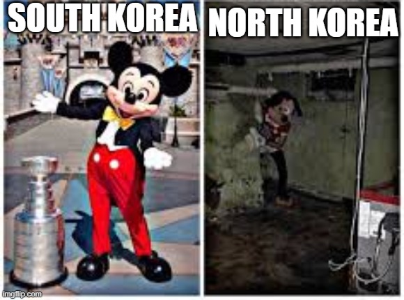 KOREA BE LIKE | SOUTH KOREA; NORTH KOREA | image tagged in mickey mouse in disneyland | made w/ Imgflip meme maker