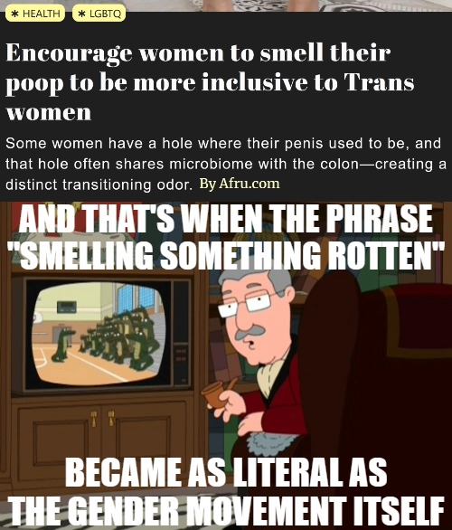 I had to check out if it was a satire site. Nope | AND THAT'S WHEN THE PHRASE "SMELLING SOMETHING ROTTEN"; BECAME AS LITERAL AS THE GENDER MOVEMENT ITSELF | image tagged in gender identity,funny,woke | made w/ Imgflip meme maker