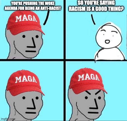 Use this response in regards to anything (homophobia, sexism, etc...) | SO YOU'RE SAYING RACISM IS A GOOD THING? YOU'RE PUSHING THE WOKE AGENDA FOR BEING AN ANTI-RACIST | image tagged in npc meme,racism,conservatives,progressives,politics,maga | made w/ Imgflip meme maker