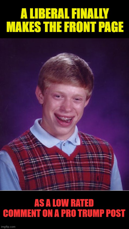 happy fail | A LIBERAL FINALLY MAKES THE FRONT PAGE; AS A LOW RATED COMMENT ON A PRO TRUMP POST | image tagged in memes,bad luck brian,spatoine,liberals,politics,low rated | made w/ Imgflip meme maker