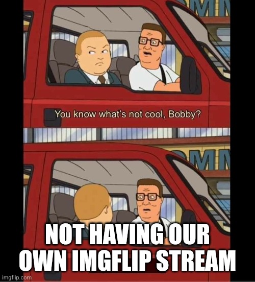 NOT ANYMORE! | NOT HAVING OUR OWN IMGFLIP STREAM | image tagged in you know whats not cool bobby | made w/ Imgflip meme maker