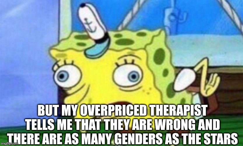 spongebob stupid | BUT MY OVERPRICED THERAPIST TELLS ME THAT THEY ARE WRONG AND THERE ARE AS MANY GENDERS AS THE STARS | image tagged in spongebob stupid | made w/ Imgflip meme maker