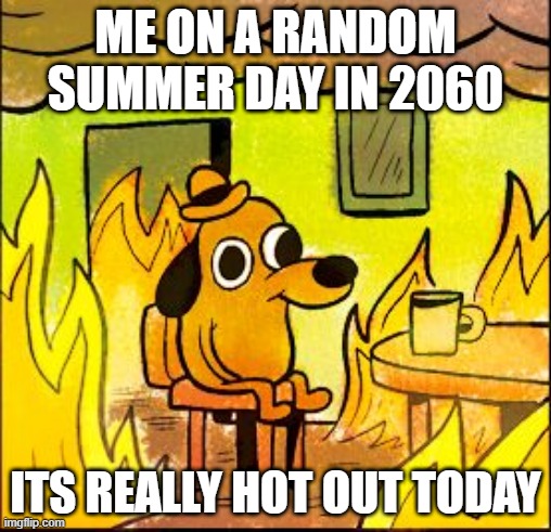 This is fine | ME ON A RANDOM SUMMER DAY IN 2060; ITS REALLY HOT OUT TODAY | image tagged in this is fine | made w/ Imgflip meme maker