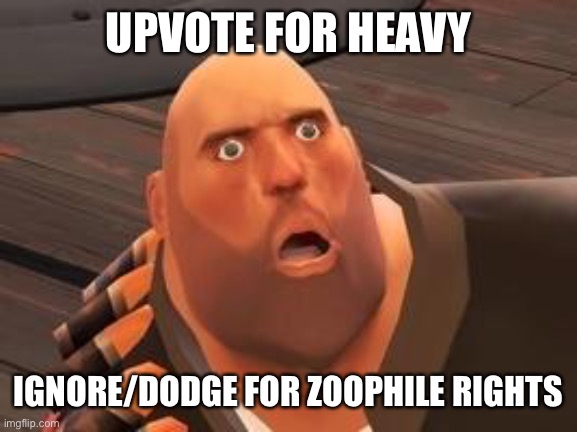 TF2 Heavy | UPVOTE FOR HEAVY IGNORE/DODGE FOR ZOOPHILE RIGHTS | image tagged in tf2 heavy | made w/ Imgflip meme maker