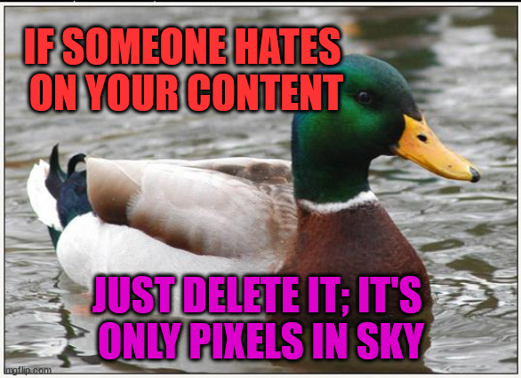 yep... that works: DON'T TROLL DELETIONS | IF SOMEONE HATES
 ON YOUR CONTENT; JUST DELETE IT; IT'S 
ONLY PIXELS IN SKY | image tagged in memes,actual advice mallard | made w/ Imgflip meme maker