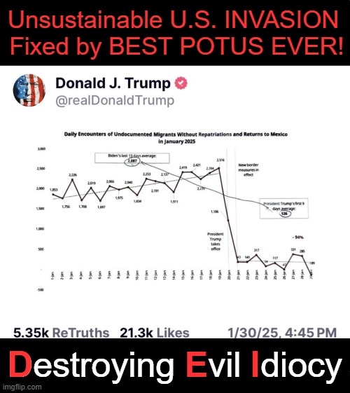 Chaotic Invasion Destroys Countries; POTUS Trump Has Begun the Process of Taking Back America | Unsustainable U.S. INVASION 
Fixed by BEST POTUS EVER! Destroying Evil Idiocy; E; I; D | image tagged in donald trump,illegal invasion,chaos,government corruption,law and order,good vs evil | made w/ Imgflip meme maker