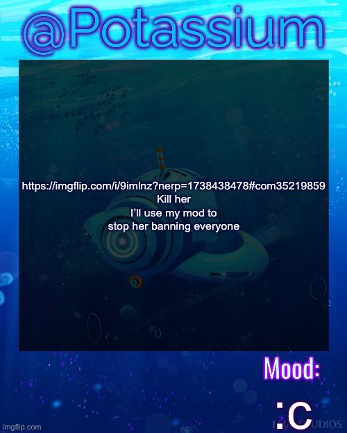 Potassium Subnautica Template | https://imgflip.com/i/9imlnz?nerp=1738438478#com35219859
Kill her
I’ll use my mod to stop her banning everyone; :c | image tagged in potassium subnautica template | made w/ Imgflip meme maker