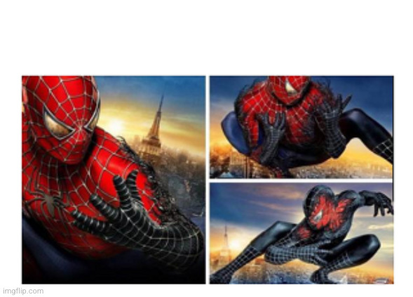 spiderman turning black | image tagged in spiderman turning black | made w/ Imgflip meme maker