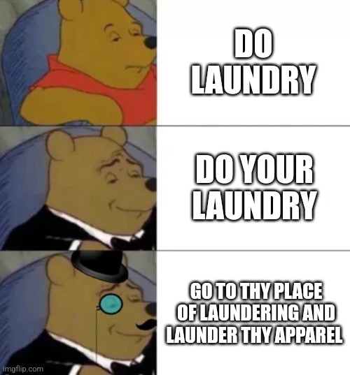 Do your laundry | DO LAUNDRY; DO YOUR LAUNDRY; GO TO THY PLACE OF LAUNDERING AND LAUNDER THY APPAREL | image tagged in fancy pooh | made w/ Imgflip meme maker