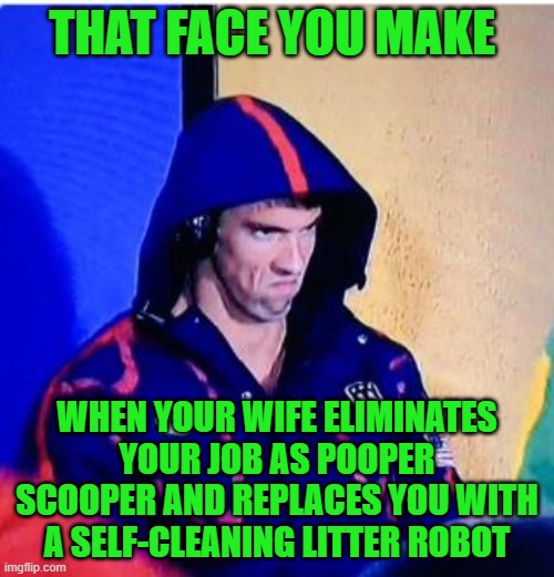 Technology Kills | THAT FACE YOU MAKE; WHEN YOUR WIFE ELIMINATES YOUR JOB AS POOPER SCOOPER AND REPLACES YOU WITH A SELF-CLEANING LITTER ROBOT | image tagged in michael phelps death stare,pooper scooper,litter box,technology,automation | made w/ Imgflip meme maker