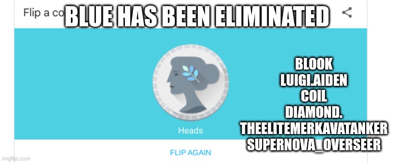 Next round is revival | BLUE HAS BEEN ELIMINATED; BLOOK
LUIGI.AIDEN
COIL
DIAMOND.
THEELITEMERKAVATANKER
SUPERNOVA_OVERSEER | made w/ Imgflip meme maker