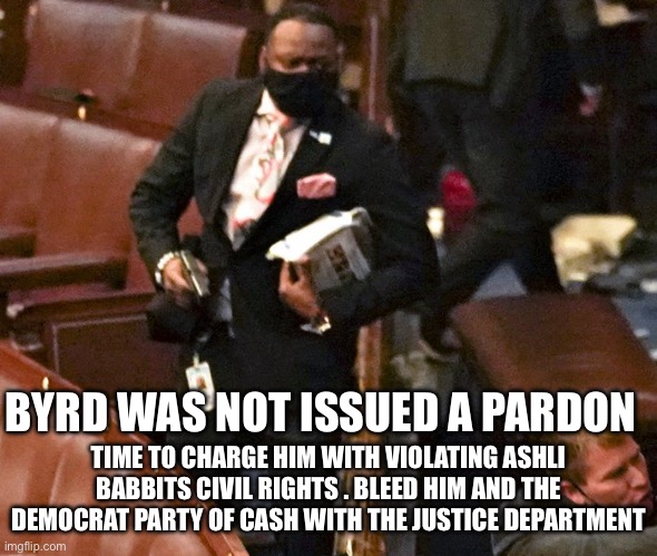 Lt. Michael Byrd protecting Congress 1/6 | BYRD WAS NOT ISSUED A PARDON; TIME TO CHARGE HIM WITH VIOLATING ASHLI BABBITS CIVIL RIGHTS . BLEED HIM AND THE DEMOCRAT PARTY OF CASH WITH THE JUSTICE DEPARTMENT | image tagged in lt michael byrd protecting congress 1/6 | made w/ Imgflip meme maker