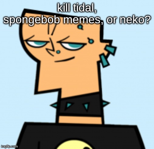 duncan | kill tidal, spongebob memes, or neko? | image tagged in duncan | made w/ Imgflip meme maker