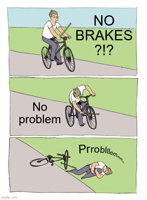 Face Value Meme #8: Bike Fall | NO
BRAKES
?!? No 
problem; ll; bl; ro; mm; Pr; DJ Anomalous; em; mm | image tagged in bike fall,no brakes,problem,literally | made w/ Imgflip meme maker