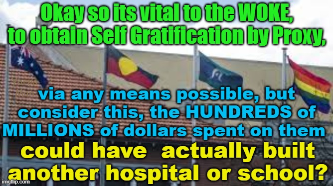 Just consider what the billions spent on virtue signaling could have been used for? | Okay so its vital to the WOKE, to obtain Self Gratification by Proxy, via any means possible, but consider this, the HUNDREDS of MILLIONS of dollars spent on them; Yarra Man; could have  actually built another hospital or school? | image tagged in victoria,western australia,woke,labor,progressives,greens | made w/ Imgflip meme maker