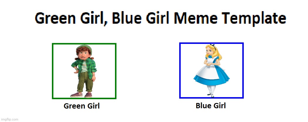 Miriam (Green Girl) and Alice (Blue Girl) | image tagged in green girl blue girl meme template,miriam mendlesohn,miriam wexler,turning red,alice in wonderland,disney | made w/ Imgflip meme maker