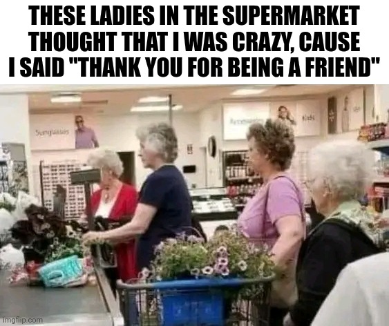 These Ladies In The Supermarket Thought That I Was Crazy Cause I Said "Thank You For Being A Friend" | THESE LADIES IN THE SUPERMARKET THOUGHT THAT I WAS CRAZY, CAUSE I SAID "THANK YOU FOR BEING A FRIEND" | image tagged in chris joines | made w/ Imgflip meme maker