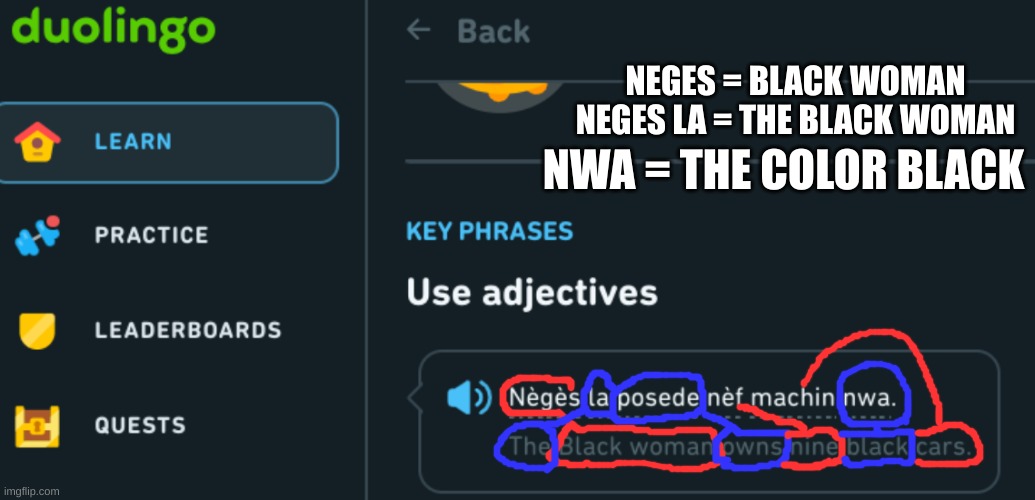 neges | NEGES = BLACK WOMAN
NEGES LA = THE BLACK WOMAN; NWA = THE COLOR BLACK | image tagged in neges | made w/ Imgflip meme maker