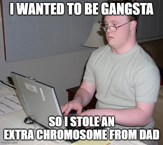 chromosome thief | I WANTED TO BE GANGSTA; SO I STOLE AN EXTRA CHROMOSOME FROM DAD | image tagged in down syndrome nerd | made w/ Imgflip meme maker