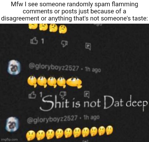 Definitely a wild bag | Mfw I see someone randomly spam flamming comments or posts just because of a disagreement or anything that's not someone's taste: | image tagged in shit is not dat deep | made w/ Imgflip meme maker