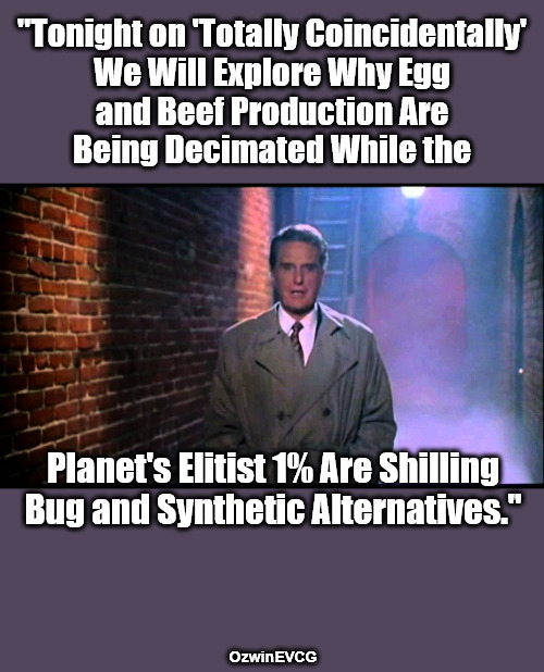 "Delicious Progress" | "Tonight on 'Totally Coincidentally' 

We Will Explore Why Egg 

and Beef Production Are 

Being Decimated While the; Planet's Elitist 1% Are Shilling

Bug and Synthetic Alternatives."; OzwinEVCG | image tagged in unsolved mysteries,the elitist one percent,the everyday 99 percent,food supply,government corruption,world occupied | made w/ Imgflip meme maker